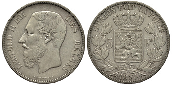 Бельгия 5 франков 1874 Леопольд II (1865-1909) KM 24 серебро    1530-944