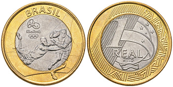 Бразилия 1 реал 2015 XXXI летние Олимпийские Игры, Рио-де-Жанейро 2016 - Регби KM 707 биметалл UNC 4140-131