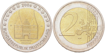 Германия 2 евро 2006 D, Федеральные земли Германии - Голштинские ворота в Любеке, Шлезвиг-Гольштейн KM 253 биметалл UNC 4126-1222