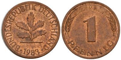 ФРГ 1 пфенниг 1983 D KM 105, J.380 сталь плакированная медью 4602-762