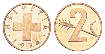 Швейцария 2 раппена 1974 KM 47 бронза UNC 4705-1217