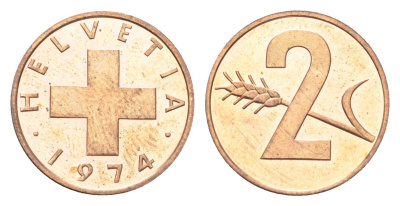Швейцария 2 раппена 1974 KM 47 бронза UNC 4705-1217