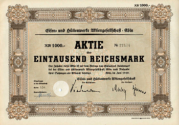 Германия 1000 рейхсмарок 1940 Акционерное общество металлургических и металлургических заводов, Кельн, акция   бумага   8803-62-1