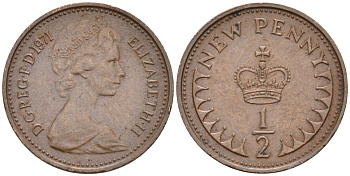 Великобритания 1/2 пенни 1971 Елизавета II (1952-2022) KM 914, Spink 4239 бронза 26-743