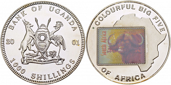 Уганда 1000 шиллингов 2001 буйвол, эмаль KM 79 медно-никель PROOF 5010-525