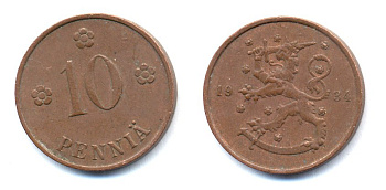 Финляндия 10 пенни 1934 республика (1918-1962) KM 24 медь 51-5346