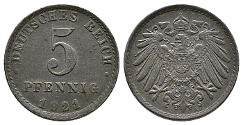 Германия 5 пфеннигов 1921 A KM 19, J. 297, Weege 5 железо 4380-156