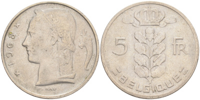 БЕЛЬГИЯ 5 ФРАНКОВ 1968 BELGIQUE KM 134.1 медно-никель 4556-425
