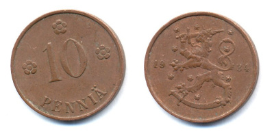 Финляндия 10 пенни 1934 республика (1918-1962) KM 24 медь 51-5346