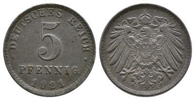 Германия 5 пфеннигов 1921 A KM 19, J. 297, Weege 5 железо 4380-156
