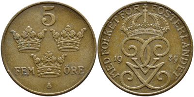 Швеция 5 эре 1939 Густав V (1907-1950) KM 779.2 бронза 4394-936