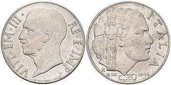 ИТАЛИЯ 20 ЧЕНТЕЗИМО 1941 R, ГОД XIX, ВИКТОР ЭММАНУИЛ III (1900-1946) KM 75b, VEM3. 1028 нержавеющая сталь 3853-1154
