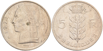 БЕЛЬГИЯ 5 ФРАНКОВ 1973 BELGIQUE KM 134.1 медно-никель 4556-545