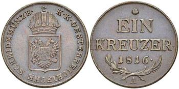 АВСТРИЯ 1 КРЕЙЦЕР 1816 A, ФРАНЦ II (1792-1835) KM 2113 медь 180-536
