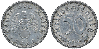 Германия 50 рейхспфеннигов 1939 D цена по каталогу МТ 42 евро J. 372, KM 96 алюминий 72-1252