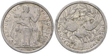 Французская Новая Каледония 1 франк 1988 птица кагу, (IEOM) KM 10, Schoen 10, Lec 48 алюминий 51-5156