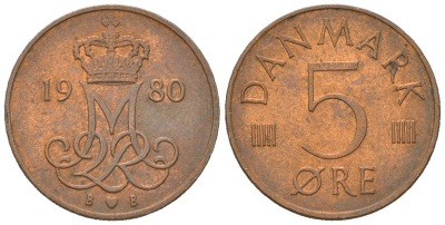 Дания 5 эре 1980 B; S, Маргрете II (1972-) KM 859 железо плакированная медью aUNC 211-231