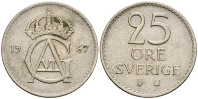 Швеция 25 эре 1967 U, Карл XVI Густав (1973- ) KM 836 медно-никель 4364-3629
