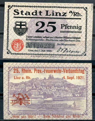Германия, Линц-на-Рейне 25 пфеннигов 1920 нотгельд, 1.10.1923 Tieste 4140/71 бумага UNC (пресс) 8614-42-4-2