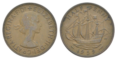 Великобритания 1/2 пенни 1959 Елизавета II (1952-2022) KM?896, Spink?4158 бронза 4641-954