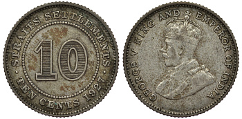 Стрейтс-Сетлментс 10 центов 1927 Георг V (1910-1936) КМ 29b серебро 53-612
