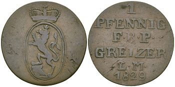 РЕЙС-ОБЕРГРАЙЦ 1 ПФЕННИГ 1829 LM KM 102 медь 99-939