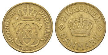 Дания 2 кроны 1925 HCN; GJ, Кристиан X (1912-1947) KM 825 алюминиевая бронза 88-1124