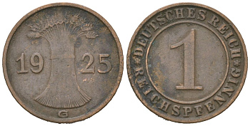 Германия 1 рейхспфенниг 1925 G KM 37 бронза 4617-357