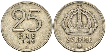 Швеция 25 эре 1949 TS, Густав V (1907-1950) KM 816 серебро 4147-1017