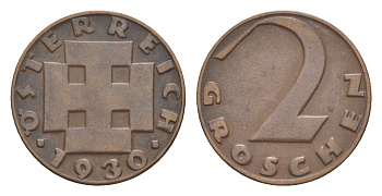 Австрия 2 гроша 1930 KM 2837 бронза 4564-529