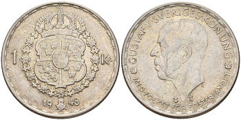 Швеция 1 крона 1946 TS, Густав V (1907-1950) KM 814 серебро 4148-1035