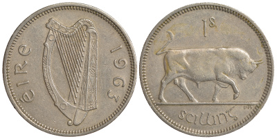 ИРЛАНДИЯ 1 ШИЛЛИНГ 1963 БЫК KM 14a медно-никель 4390-322