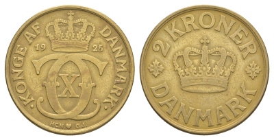 Дания 2 кроны 1925 HCN; GJ, Кристиан X (1912-1947) KM 825 алюминиевая бронза 88-1124