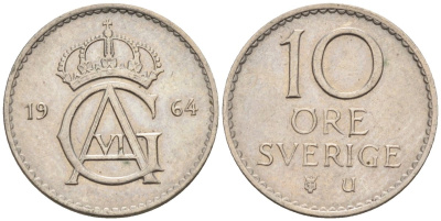 Швеция 10 эре 1964 Густав VI Адольф (1950-1973) KM 835 медно-никель 4585-364