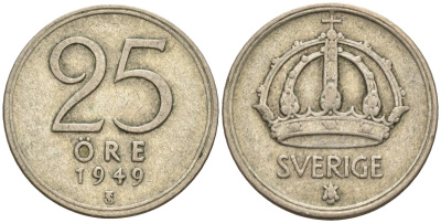 Швеция 25 эре 1949 TS, Густав V (1907-1950) KM 816 серебро 4147-1017