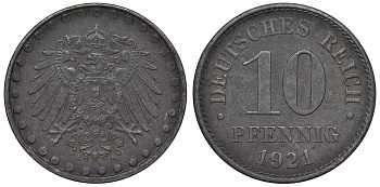 Германия 10 пфеннигов 1921 A KM 20, J. 298 железо 4119-227