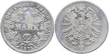 Германия 1 марка 1875 G Weege 17, J. 9, KM 7 серебро 176-443