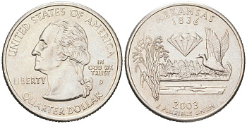 США 25 центов = квотер = 1/4 доллара 2003 D, квотер штата Арканзас KM 347 медь плакированная медно-никелем UNC 183-316