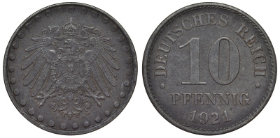 Германия 10 пфеннигов 1921 A KM 20, J. 298 железо 4119-227