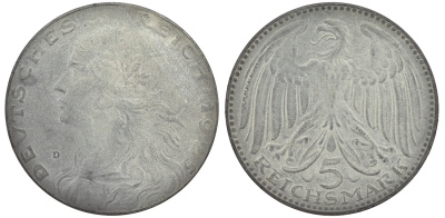 Германия 5 марок 1925 D, пробная / проба, медальер Карл Гетц, диаметр 36,21 мм, вес 19,75 г цинк 00-817-02
