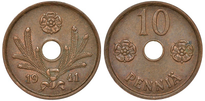Финляндия 10 пенни 1941 KM 33.1 медь 51-3412