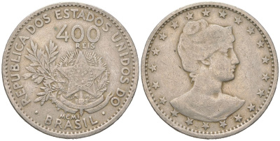 Бразилия 400 реалов 1901 MCMI, голова свободы вправо KM 505 медно-никель 4612-431