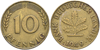 ФРГ 10 пфеннигов 1949 J KM 103, J. 378 сталь плакированная латунью 4132-1151
