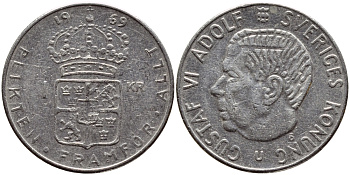 Швеция 1 крона 1969 Густав VI Адольф (1950-1973) KM 826a медь плакированная медно-никелем 4388-721