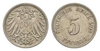 Германия 5 пфеннигов 1912 D, Вильгельм II (1888-1918) KM 11, J.12 медно-никель 4644-1065