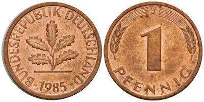 ФРГ 1 пфенниг 1985 J KM 105, J.380 сталь плакированная медью 4602-765