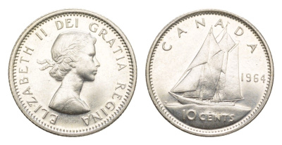 Канада 10 центов 1964 Елизавета II (1952-2022), парусник KM 51 серебро aUNC 4639-613