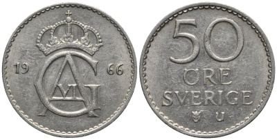 Швеция 50 эре 1966 U, Густав VI Адольф (1950-1973) KM 837 медно-никель 4577-756