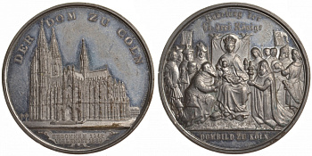 ГЕРМАНИЯ МЕДАЛЬ 19 век АВЕРС: ПОКЛОНЕНИЕ ТРЕХ ВОЛХВОВ, РЕВЕРС: КЕЛЬНСКИЙ СОБОР, ЗАЛОЖЕН 1248, СТРОИТЕЛЬСТВО ЗАВЕРШЕНО 1880, диаметр 51 мм, вес 44,4 гр. Weiler 2680 олово 1082-10-11