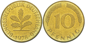 ФРГ 10 ПФЕННИГОВ 1978 J KM 108, J. 383 сталь плакированная латунью 219-523